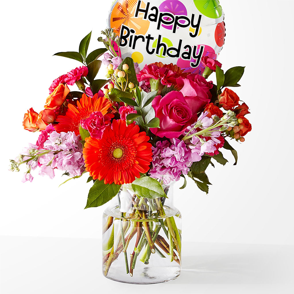 Fiesta Bouquet with Birthday Balloon – QUASTHOFF'S FLOWERS, River Grove IL
