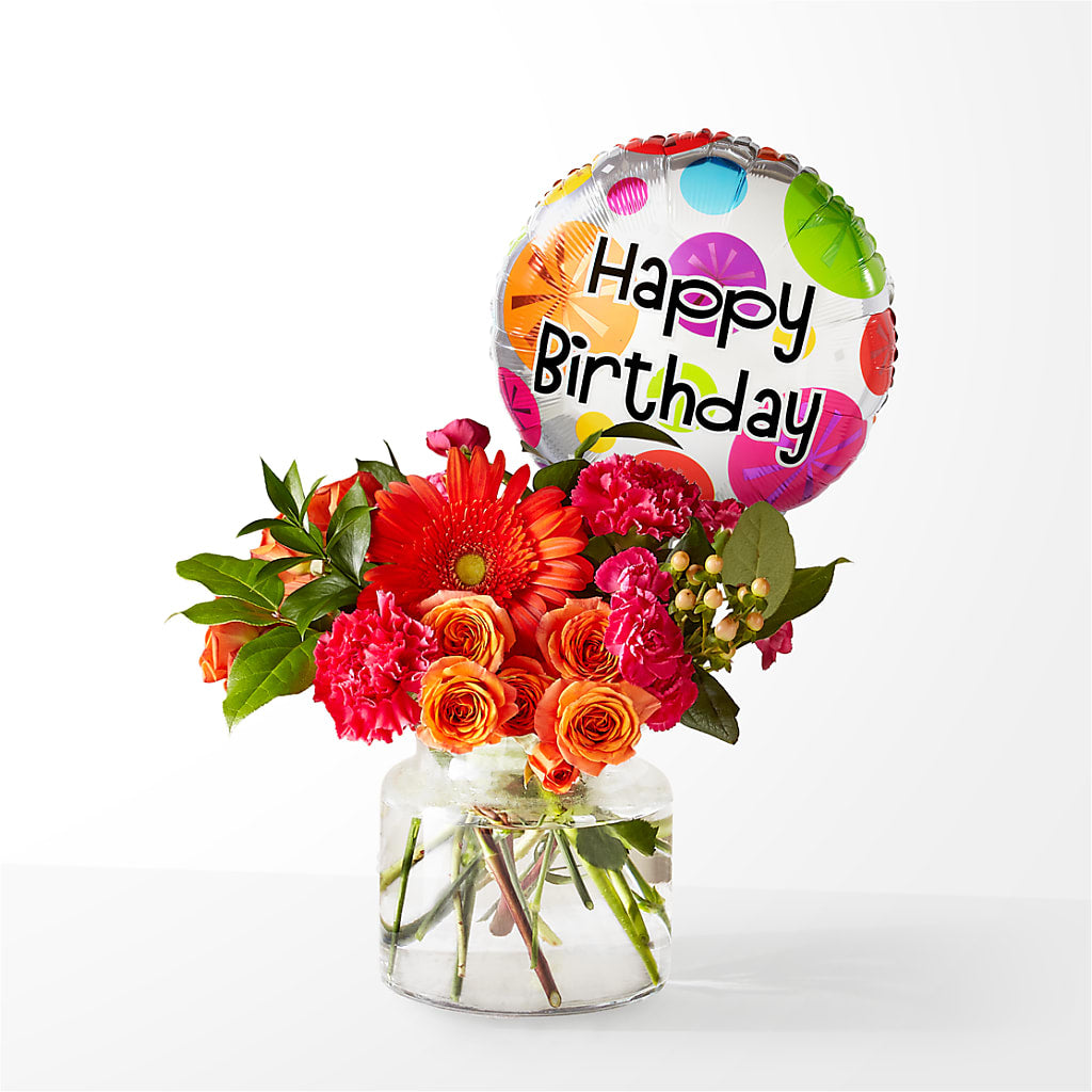 Fiesta Bouquet with Birthday Balloon – QUASTHOFF'S FLOWERS, River Grove IL