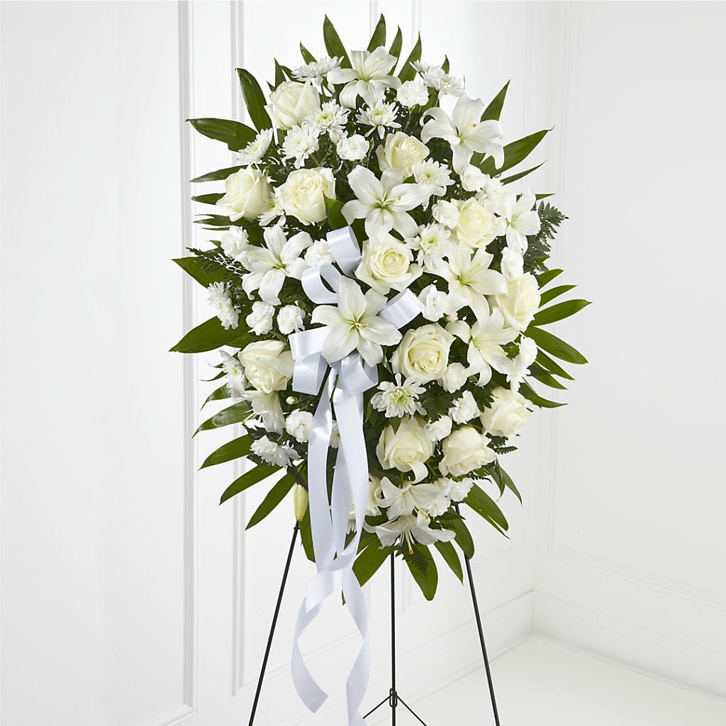 Exquisite Tribute Standing Spray-White Ribbon – QUASTHOFF'S FLOWERS, River Grove IL