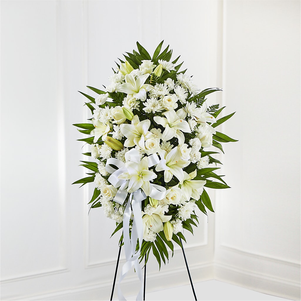 Exquisite Tribute Standing Spray-White Ribbon – QUASTHOFF'S FLOWERS, River Grove IL